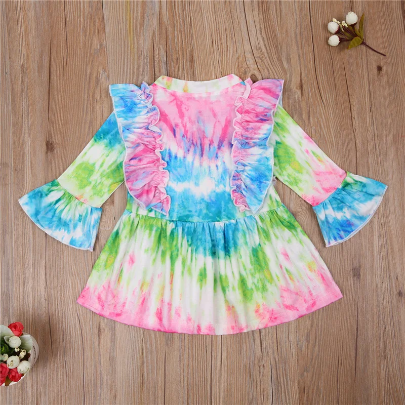

Fashionable Clothes Baby Girl Lace Dress Ruffle Midi Long Sleeve Round Collar Hem Buttons Princess Fall Dye Printed A-Line Skirt