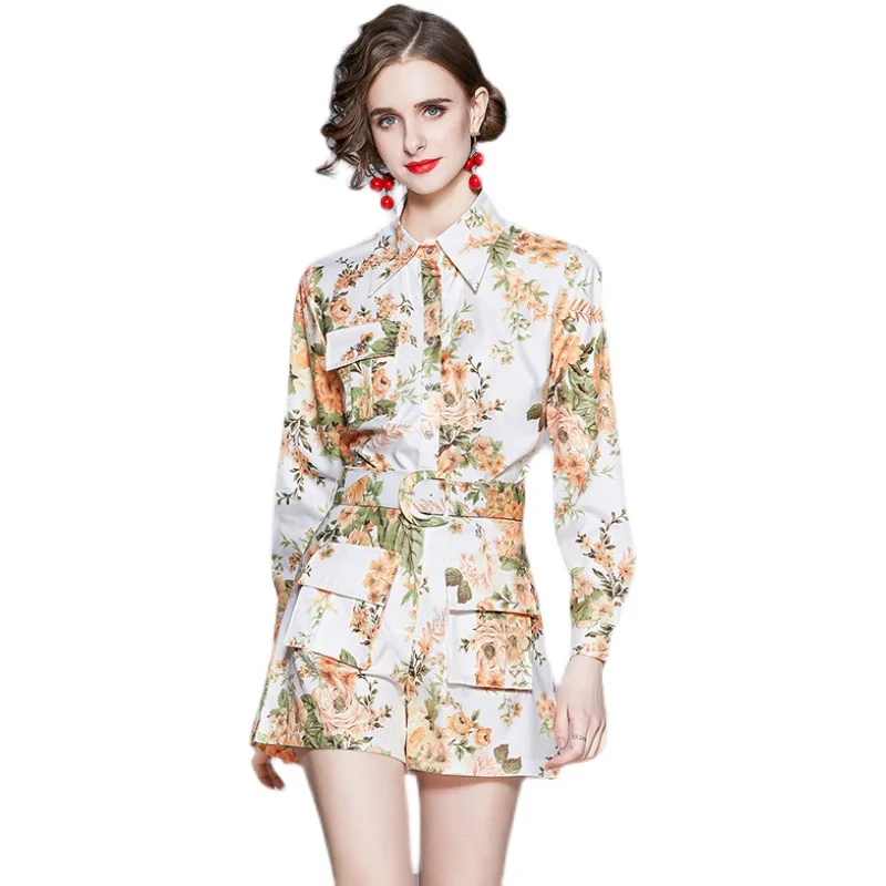 

New Ladies Long Sleeved Shirt Shorts Two Piece Set Summer Printed Pockets Lapel Sashes Sets Womens Outfits
