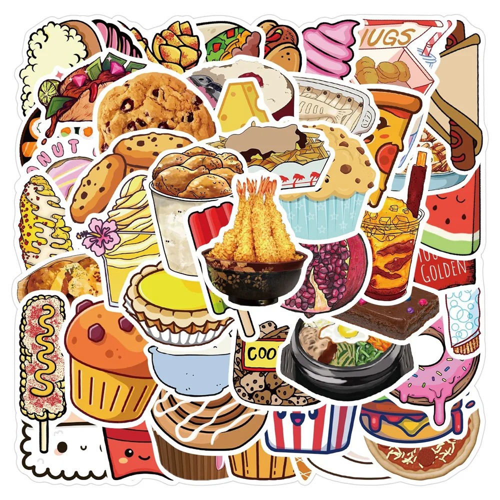 

10/30/50PCS Food Gourmet Cartoon Sticker PVC Graffiti Luggage Box Water Cup Helmet Decoration Sticker Wholesale