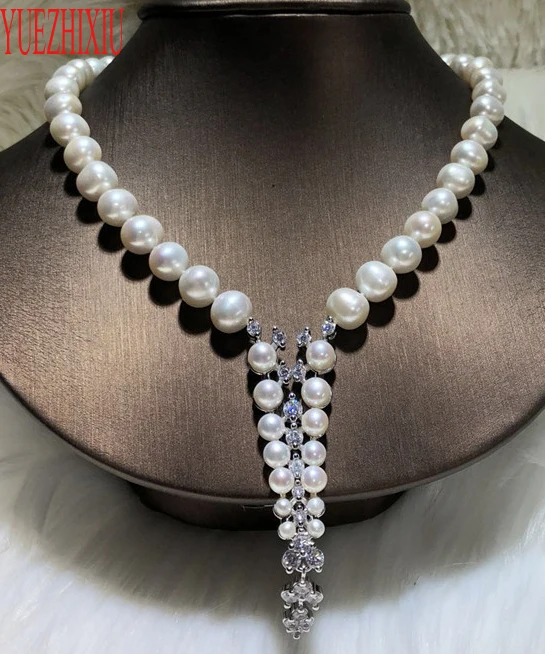 Hot sell style 9-10mm white freshwater pearl necklace 43cm zircon sweater chain luxury jewelry