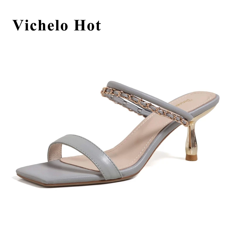 

Vichelo Hot genuine leather square toe high heels strange style gentlewomen solid shallow maiden slip on sandals brand shoes L61