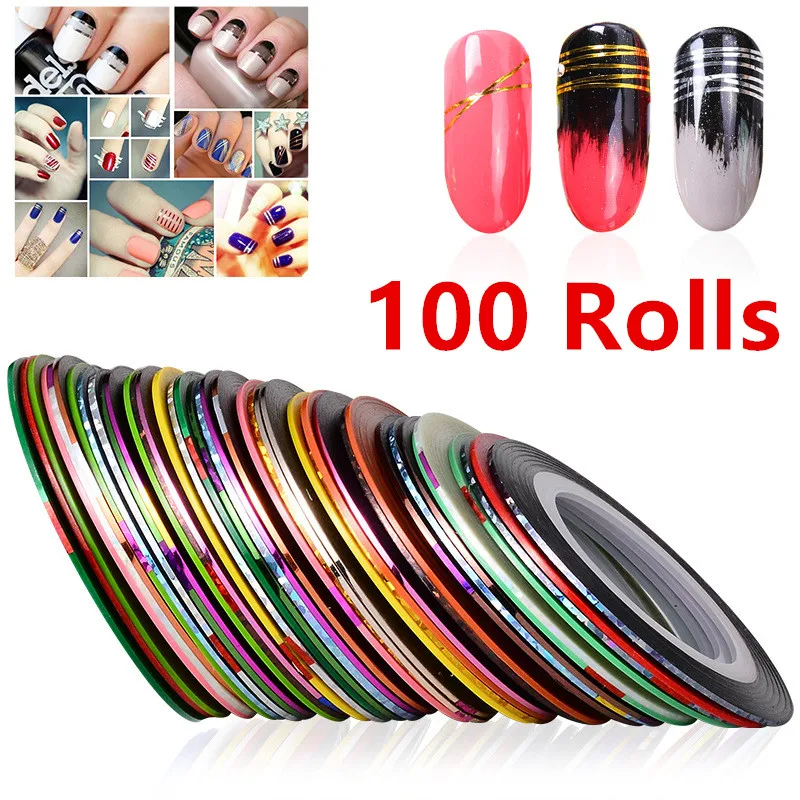 

100 rolls Nail Striping Tape Metallic Yarn Line 3D Nail Art Tool Color Rolls Nail Decals DIY Nail Tips Sticker Decoration