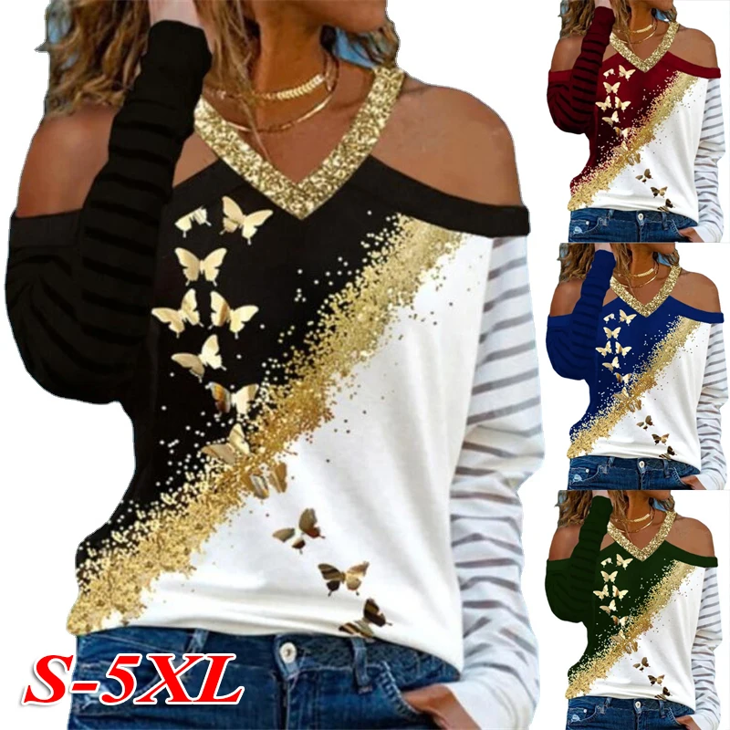 Женский пуловер с открытыми плечами принтом в виде бабочек Свободный Топ длинным