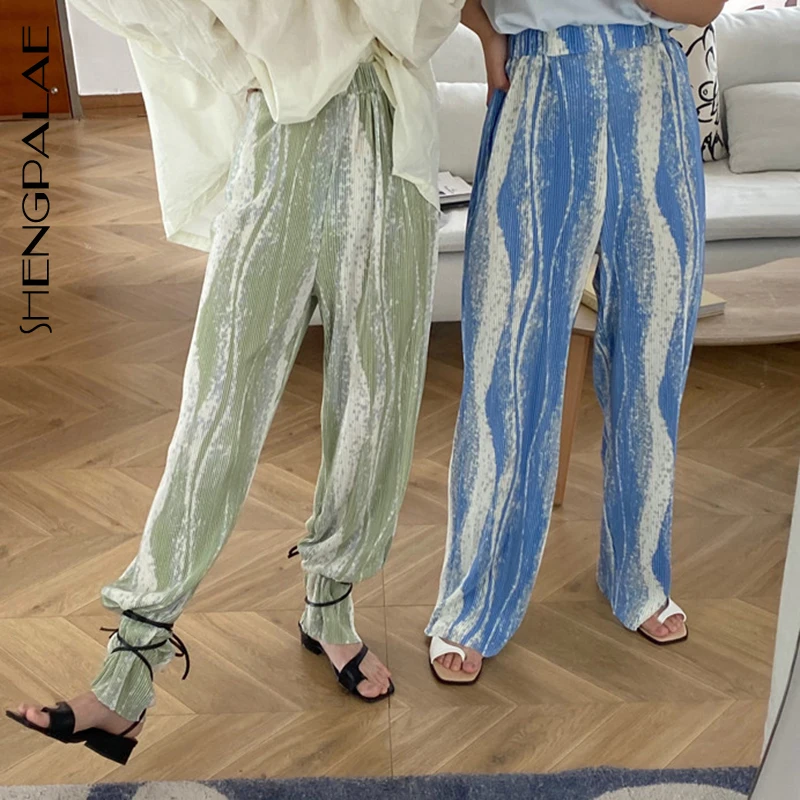 SHENGPALAE 2020 Summer New Rendered Color Stripe Pleated High Waist Was Thin Wide-leg Pants Trendy Women's Trousers QV1009 | Женская