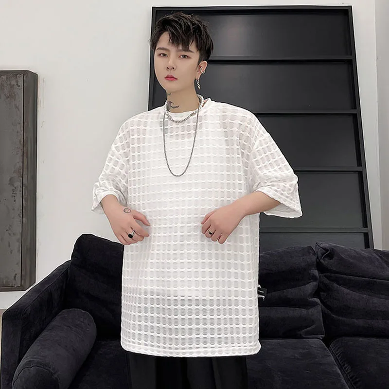 

2021 Summer Men Streetwear Hip Hop Fashion Mesh Hollow Casual Loose Short Sleeve T-shirt Male Japan Korean Tees Shirts Tops Man