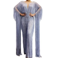 shining silver fringes floor length sleeve women jumpsuit mesh perspective playsuit singer stage wear evening prom costumes