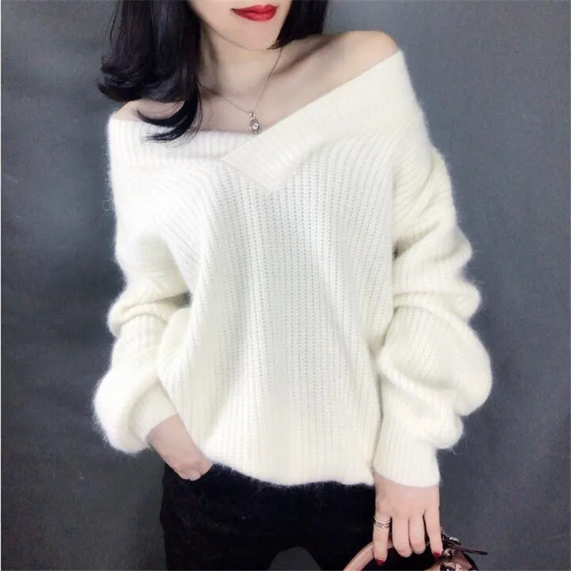 Autumn Winter Sweater Women solid Knitted Pullovers long sleeve tops V-neck office 2019 | Женская одежда