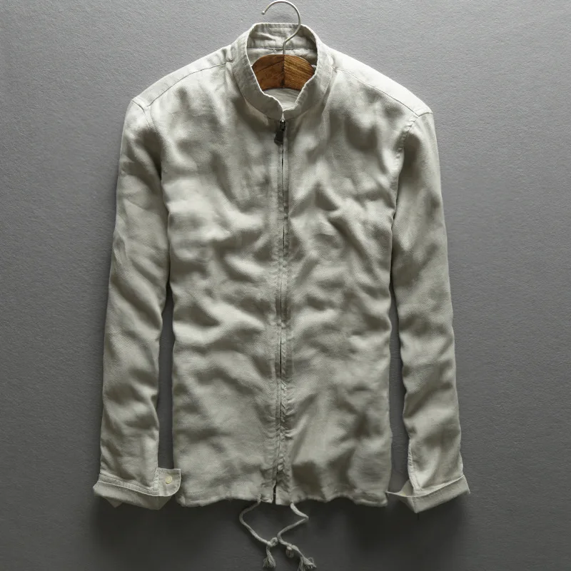 Льняная мужская Осенняя Тонкая Повседневная Верхняя одежда с воротником-стойкой