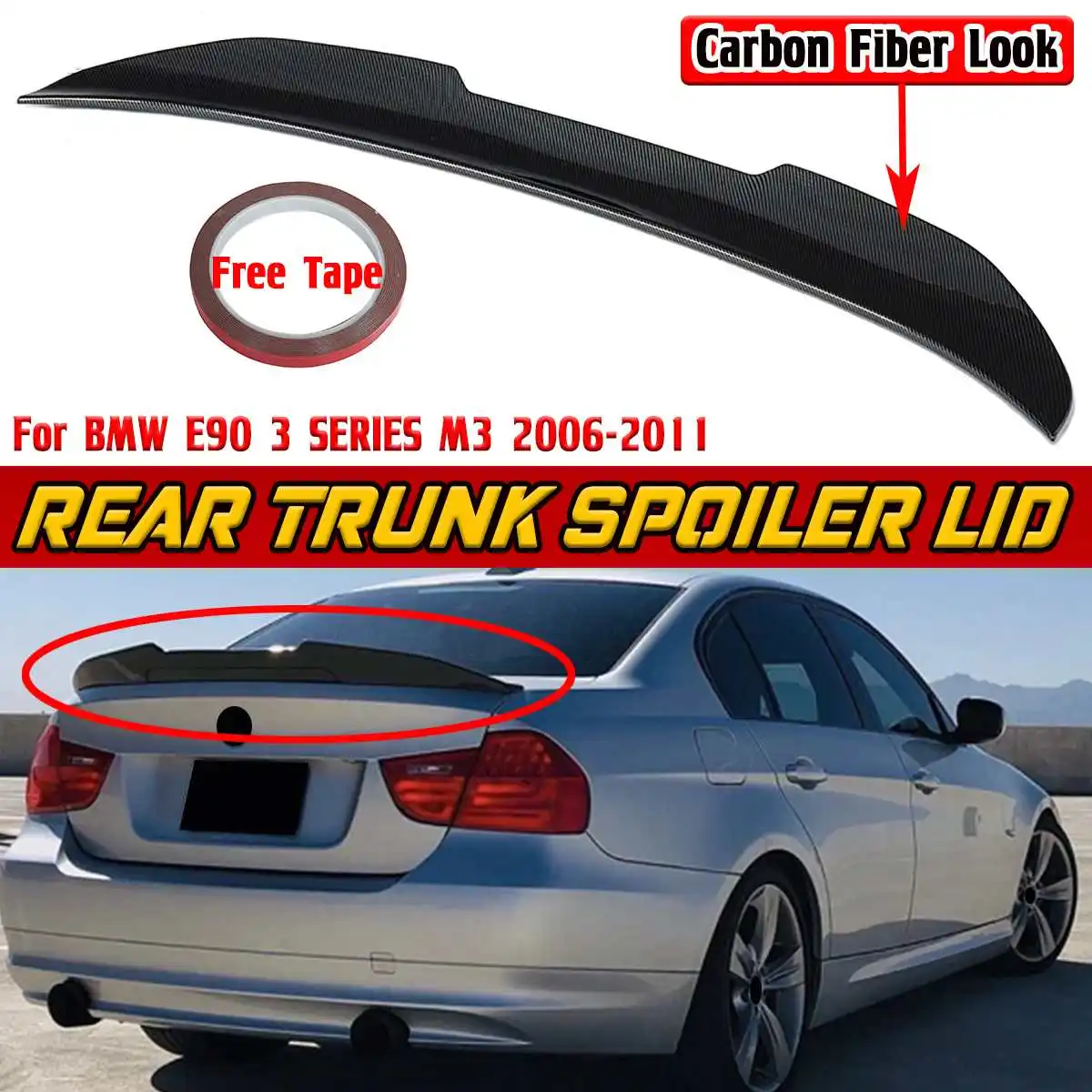 Black/Carbon Fiber Look E90 Car Rear Trunk Lip Spoiler Wing Lip PSM Style Rear Wing Spoiler For BMW E90 3 SERIES M3 2006-2011