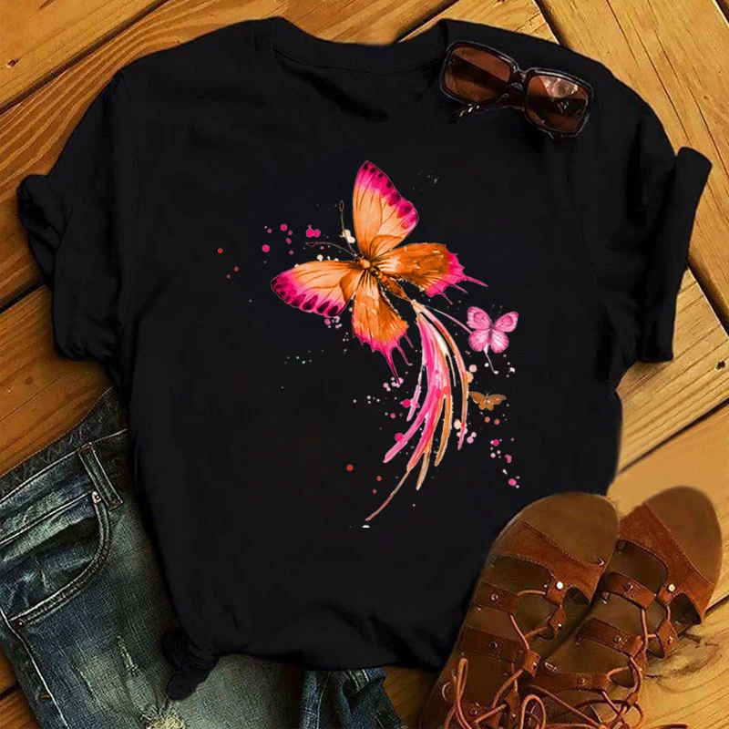 

Women Watercolor Cartoon Butterfly Print Clothing Summer Female Simple Tshirts Fashion Graphic Loose Round Neck Short sleeve
