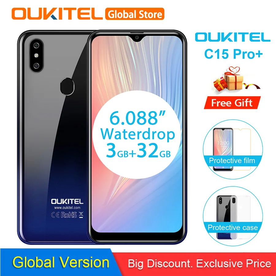 Мобильный телефон OUKITEL C15 Pro+ 6,088 ''19:9 Android 9,0 Pie 3 ГБ 32 ГБ MT6761 с каплями отпечатков пальцев для распознавания лица 5G WiFi 4G