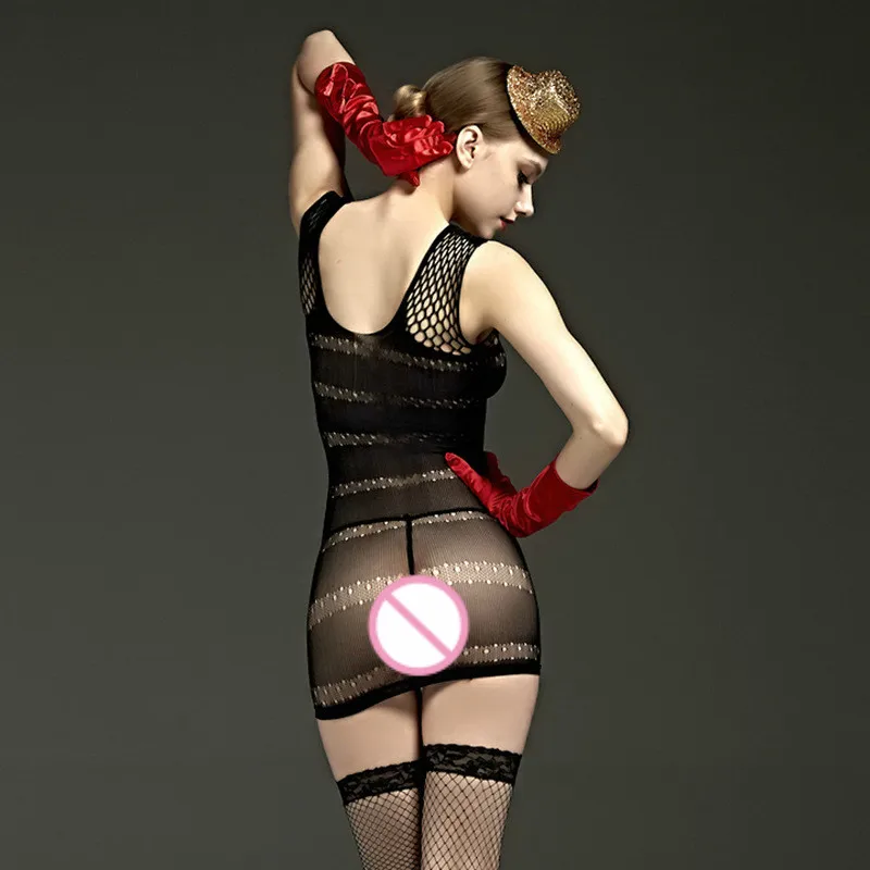 Сексуальное женское боди из сетки с полосками и прозрачным лифом.