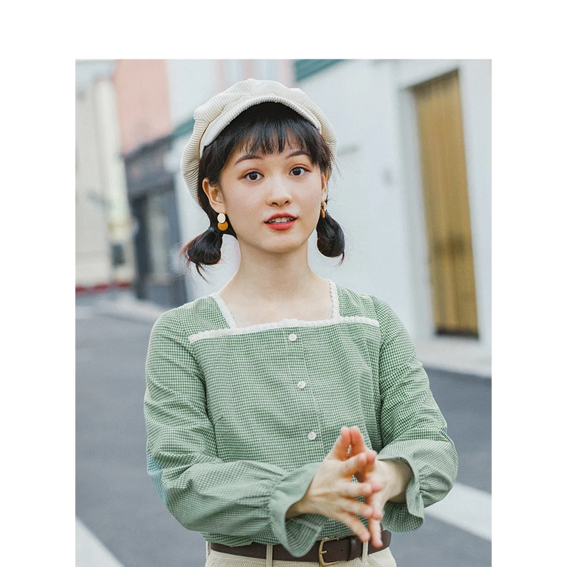 Инман весна осень литературная Ретро квадратная Шея клетчатая кружевная женская