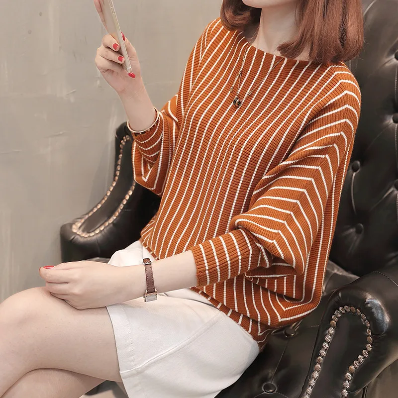 

2020 Autumn Winter New Bat sleeve Sweater Women Fashion Jumper Casual Stripe Pullover Knitted Sweaters Female Tops Femme R712