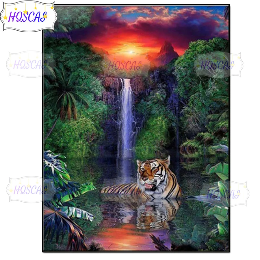 

5D закат, лес, тигр, алмазная живопись, полная квадратная круглая фотография стразы, мозаика, домашний декор, подарок