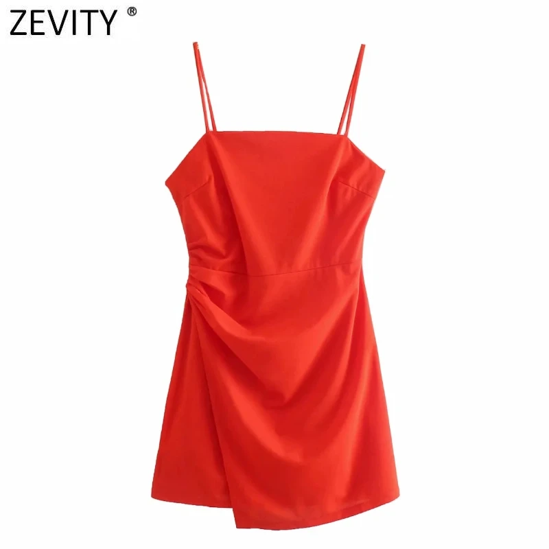 

Zevity New Women Elegant Solid Side Pleats Sling Mini Dress Female Chic Spaghetti Strap Back Zipper Summer Party Vestidos DS8798