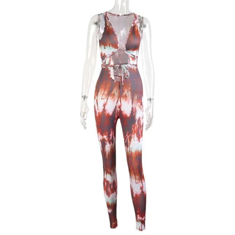 

2021 Bandage Tie Dye Hollow Out Rompers Womens Jumpsuit Fitness Sleeveless Push Up Bodycon Party Jumpsuits V Neck Sexy Hot S M L