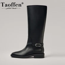 TAOFFEN 2022 New Women Knee Boots Real Leather Buckle Ridding Boots Woman Low Heels Winter Ladies Shoes Footwear Size 35-42