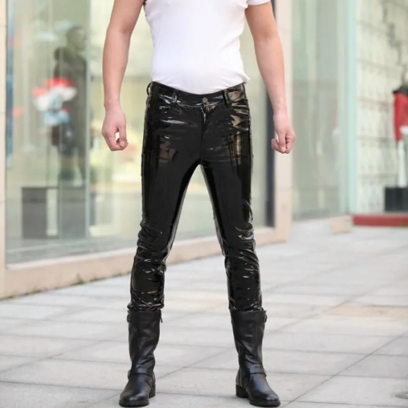 

Fashion Men Faux Patent Leather Skinny Pencil Pants Low Waist Punk Style Red Male Trousers Plus Size Motorcycle Pu Leather Pants