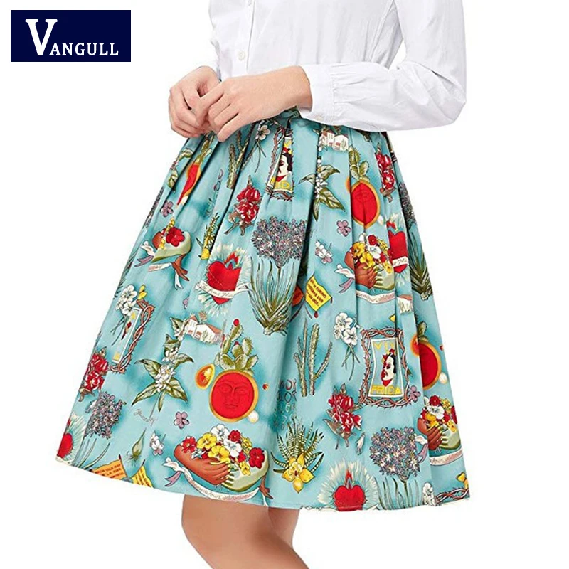 

Vangull Vintage Fashion Cartoon Printted Women Pleated Skirts High Waist Side Button Female Skirt 2021 Summer New Lady Skirt