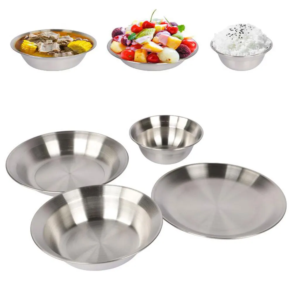 

4PCS Stainless Steel Plates Bowls Set Multifunction Outdoor Picnic Tableware Kit Silver For Outdoor Hiking Traveling Dinnerware