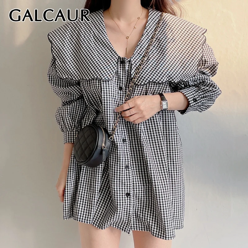 

GALCAUR Gingham Colorblock Shirt For Women Round Collar Puff Sleeve Loose Straight Button Up Blouses Female Korean Fashion 2021