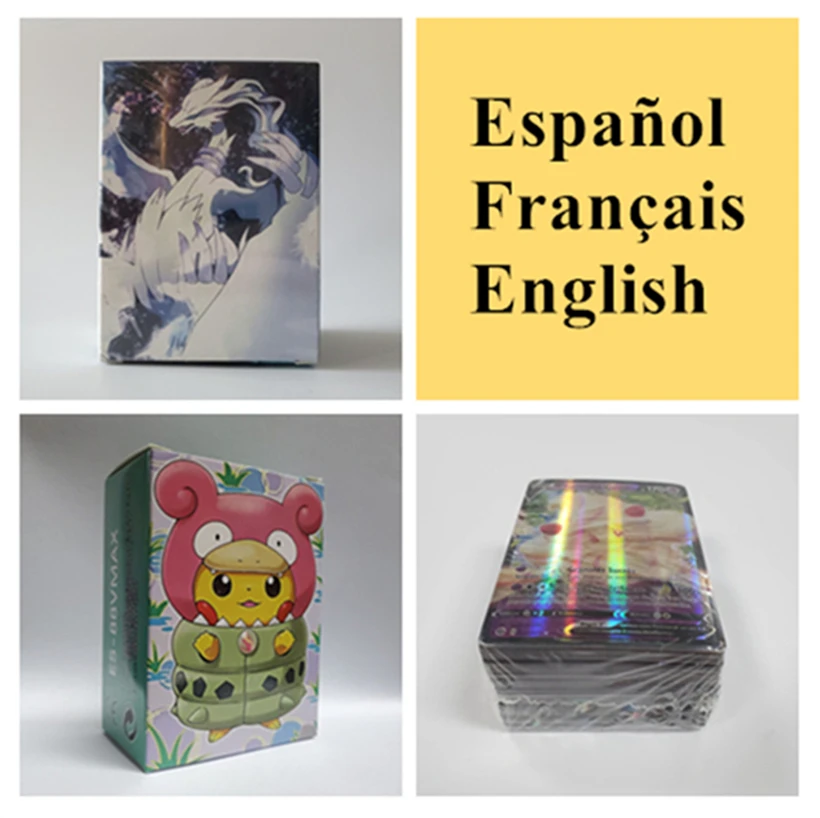 

100pcs Spanish Pokemon Flash Cards French English Anime Entertainment Collect Board Game Battle Card Pikachu TCG Playing Card