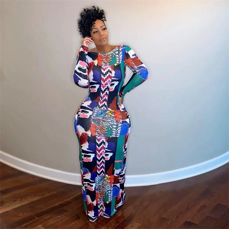 

hirigin Spring Fall Long Sleeve Backless Women Dress 2021 Sexy Tie Dyeing Print Bodycon Long Maxi Dress Party Female Clothes