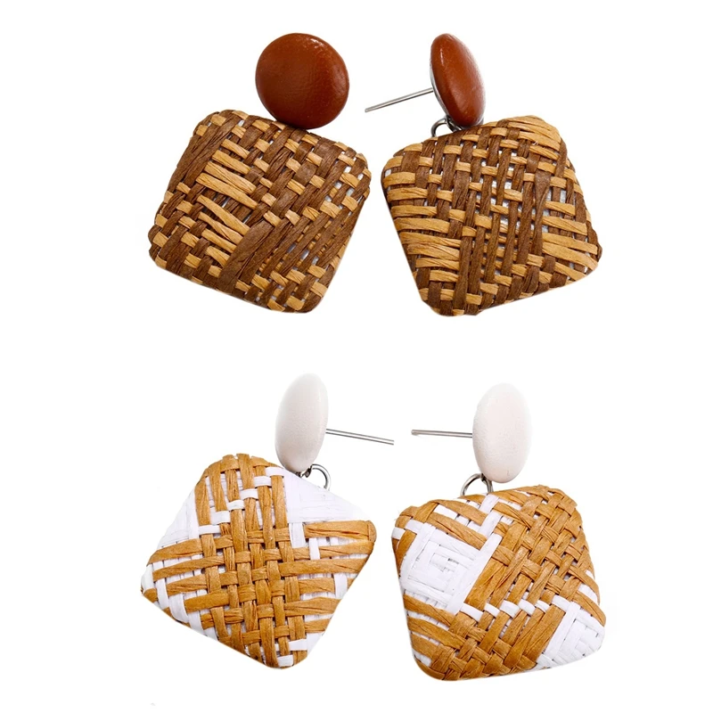2 Pair Handmade Bohemian Wooden Rattan Wicker Straw Drop Earrings for Women Vintage Bamboo Statement Beige &amp Cam | Украшения и
