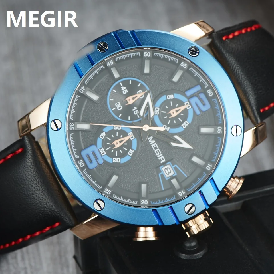 MEGIR, Топ бренд, мужские часы, Relogio Masculino, роскошные кожаные военные часы, мужские кварцевые часы, Relojes Hombre 2046 Relogios