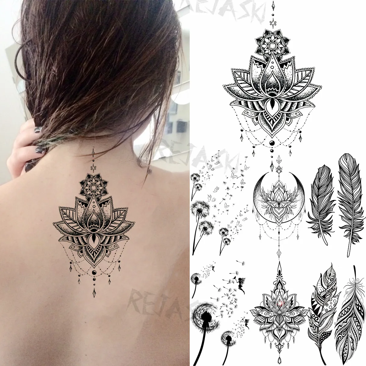 

Small Henna Lotus Sexy Back Temporary Tattoos For Women Adult Feather Dandelion Fake Tattoo Body Art Waterproof Tatoos Sticker