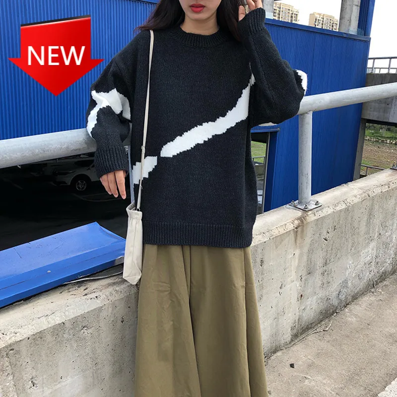 

Sweater Women Autumn Winter thick warm sweaters and pullovers womens Korean style black white patchwork Knitted