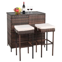 3-Pcs Bar Table Stool Set Include 1 Table + 2 Stool PE Rattan&Iron Frame Brown Gradient[US-Stock]