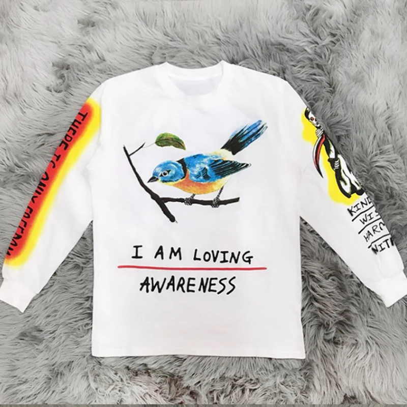 

Kanye West Bird And Skulls Graffiti Printing Sweatshirts Long Sleeves 2019 Good Quality Men Hip Hop Cotton Tees