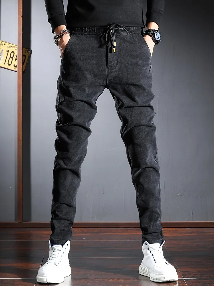 Elastic Waist Jeans Men Slim Fit Casual Pants Fashion Black Jean Mens Streetwear Denim Trousers