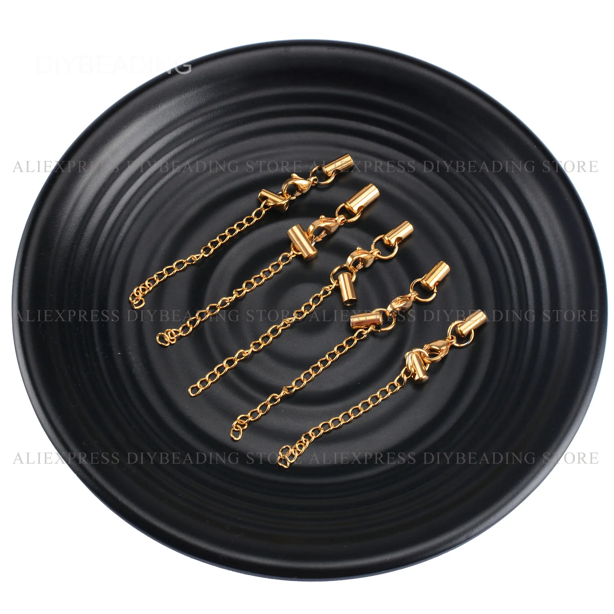 

5-100 Pcs End Cap with Lobster Clasp and Extender Chain/ Gold Plated/Stainless Steel Rope End Caps for 3mm 4mm 5mm Leather Cord