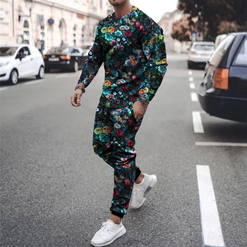 

2021 New 3D Digital Printing Flower Pattern Clothing Casual Sports Pants + Sports Round Neck T-shirt Male Street Trend Suit