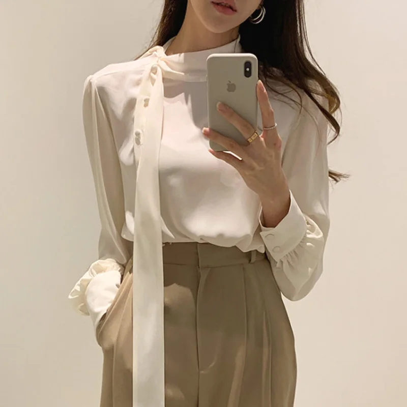 Женские офисные рубашки с рукавами фонариками и стоячим воротником женские