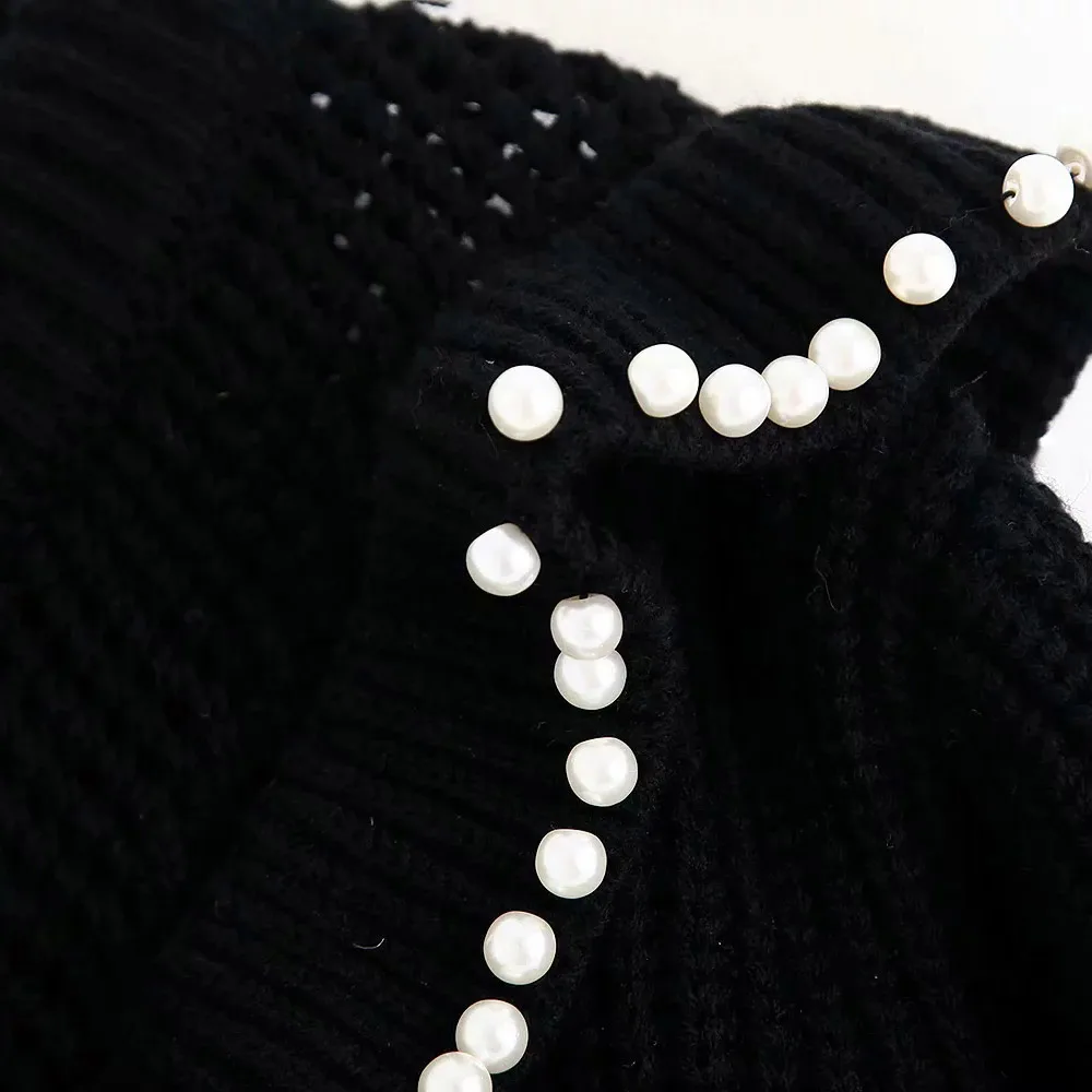 Женский свитер с жемчужинами Za Trf черный вязаный пуловер длинным рукавом джемпер