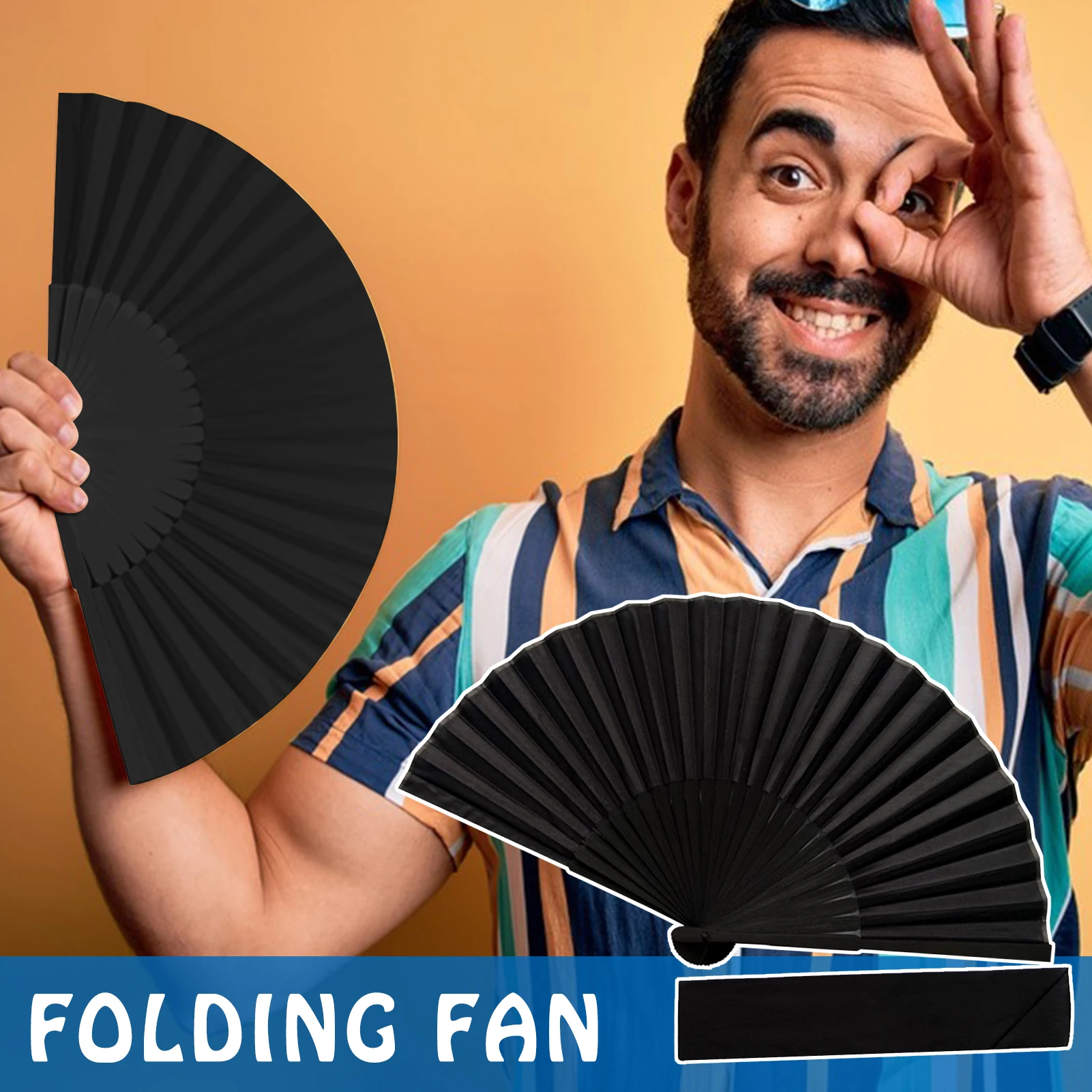 

2PCS Large Black Folding Silk Hand Fan Hand Folding Fans Chinese Thickened Folding Fan for Men TH