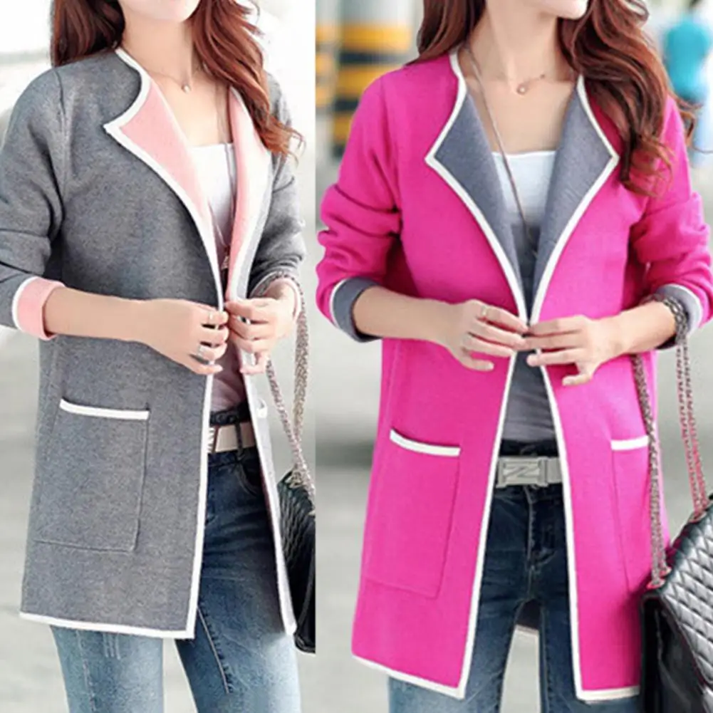 Модный Теплый Женский однотонный Кардиган с длинным рукавом и карманами