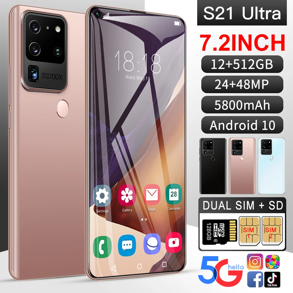 

Newest S21 Ultra 7.2Inch 12 512GB Big Memory SmartPhone Fingerprint ID Unlock 24+48MP Camera 5800mAh 5G LTE 4G Network Cellphone