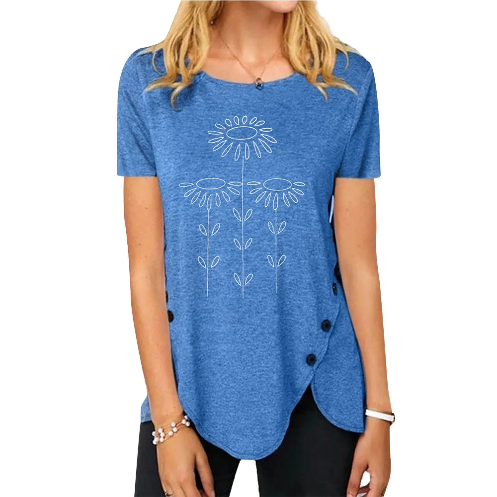 

Women's T-Shirt Simple Line Draft Floral Printed Short Sleeve Crew Neck Casual Pullover Irregular Hem Tee Top cofekate