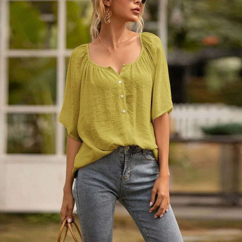 

New Women's 2021 Button Square Neck Loose Five-Point Sleeve Fashion Casual T-Shirt Short-Sleeved Female Tops