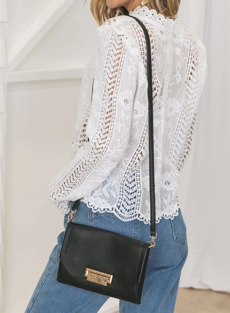 Женская кружевная блузка с воротником стойкой и длинным рукавом|blusas fashion|lace