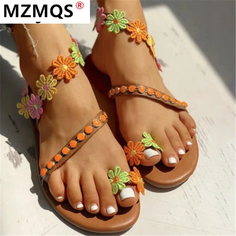 

2021 New Summer Women's Sandals Fashion Women Flowers Set Foot Casual Sandals Outdoor Beach Open Toe Comfortable Flat Sandals