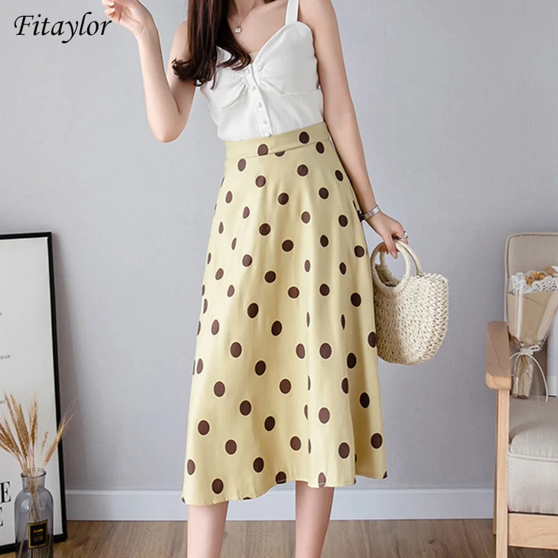

Fitaylor New Spring Summer Women Green Polka Dot A-line Medium Skirt Casual Female Streetwear High Waist Loose Skirts