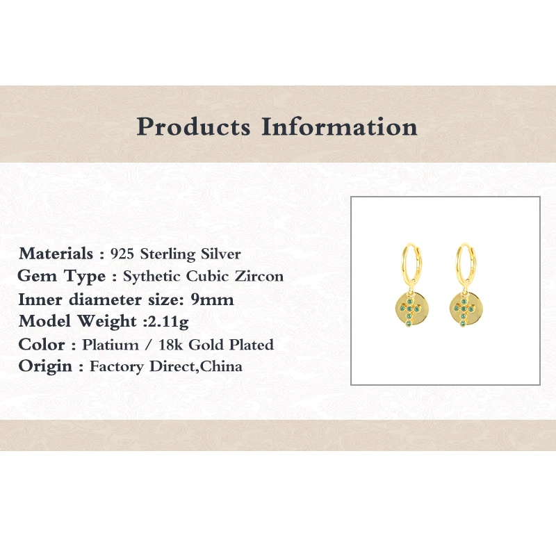 

AIDE 925 Sterling Silver Green Zricon Cross Pendant Piercing Hoop Earrings for Women Huggie Earrings Jewelry brincos de argola