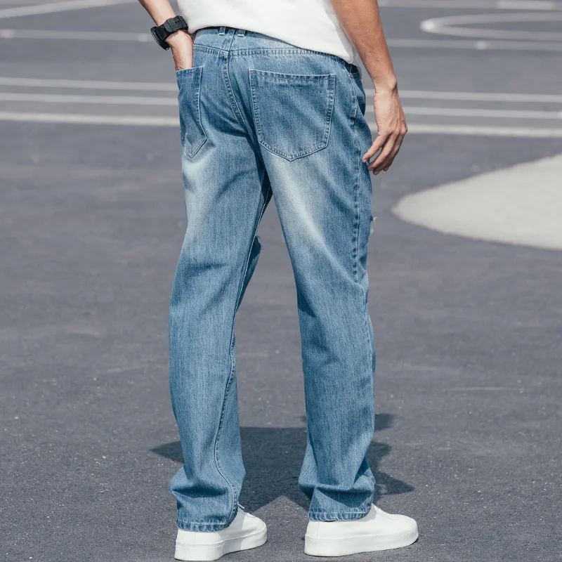 New Fashion Ripped Men Jeans  Pants Summer Thin Section Big Size Breathable Straight Leisure Blue Tattered Denim Trousers