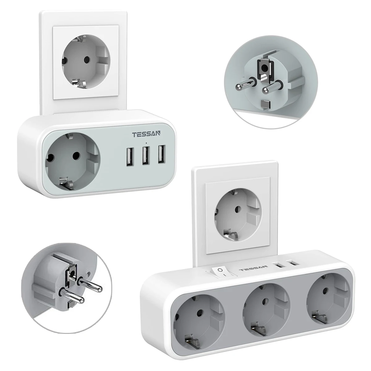 

TESSAN Wall Socket EU Plug Power Strip with 1/3 AC Outlets & 2/3 USB Ports 5V 2.4A, EU USB Wall Plug Aadapter for Office, Kichen